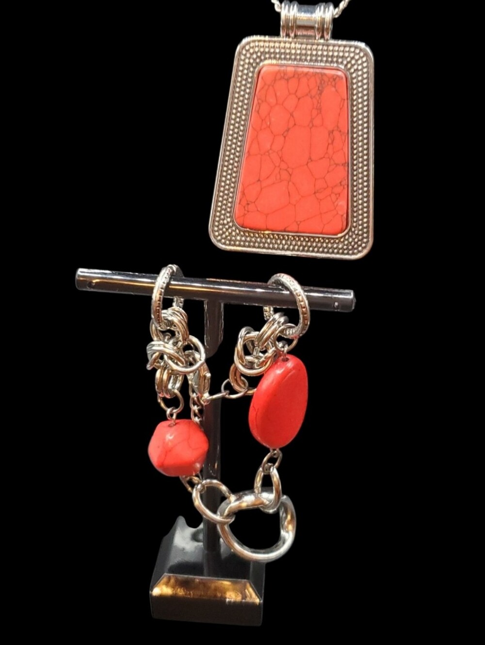 Red Desert Turquoise & Black Crackle Pendant Necklace & Stone/Link Bracelet Set